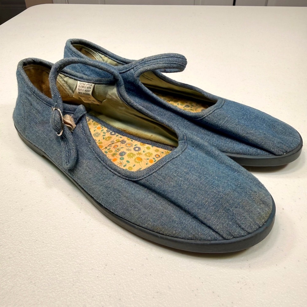Basic Editions Denim Mary Jane Flats Vintage Floral Blue Buckle Shoes Size 7